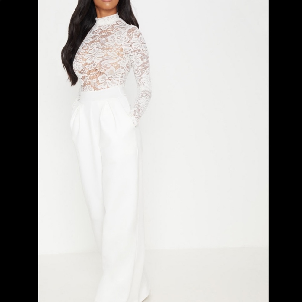 Petite White Lace High Neck Long Sleeve Jumpsuit